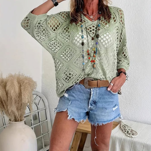 🌿 Handmade Crochet V‑Neck Boho Top | Apricot Summer Essential apareoi