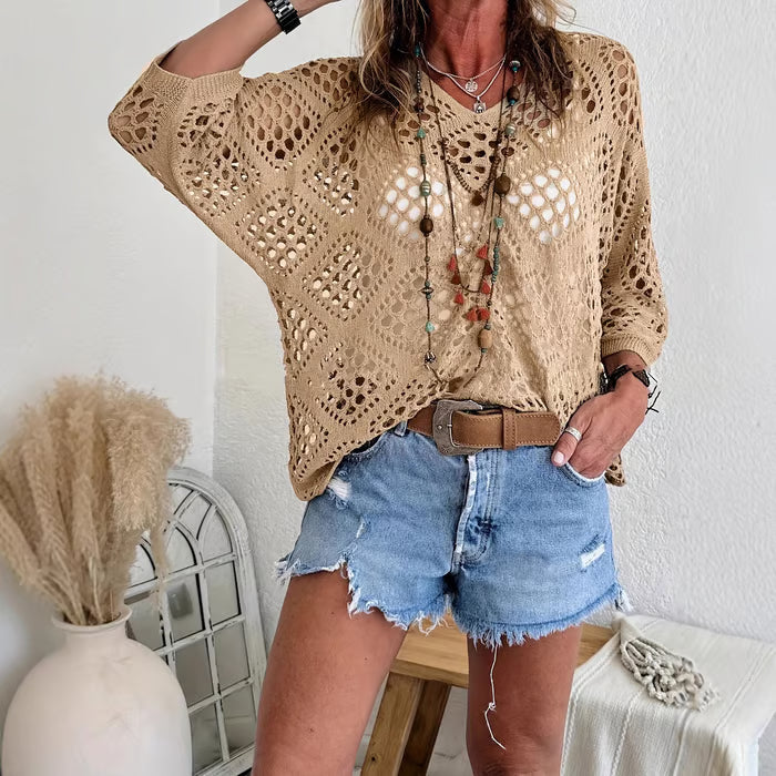 🌿 Handmade Crochet V‑Neck Boho Top | Apricot Summer Essential apareoi