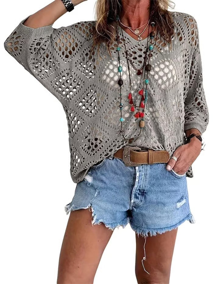 🌿 Handmade Crochet V‑Neck Boho Top | Apricot Summer Essential apareoi