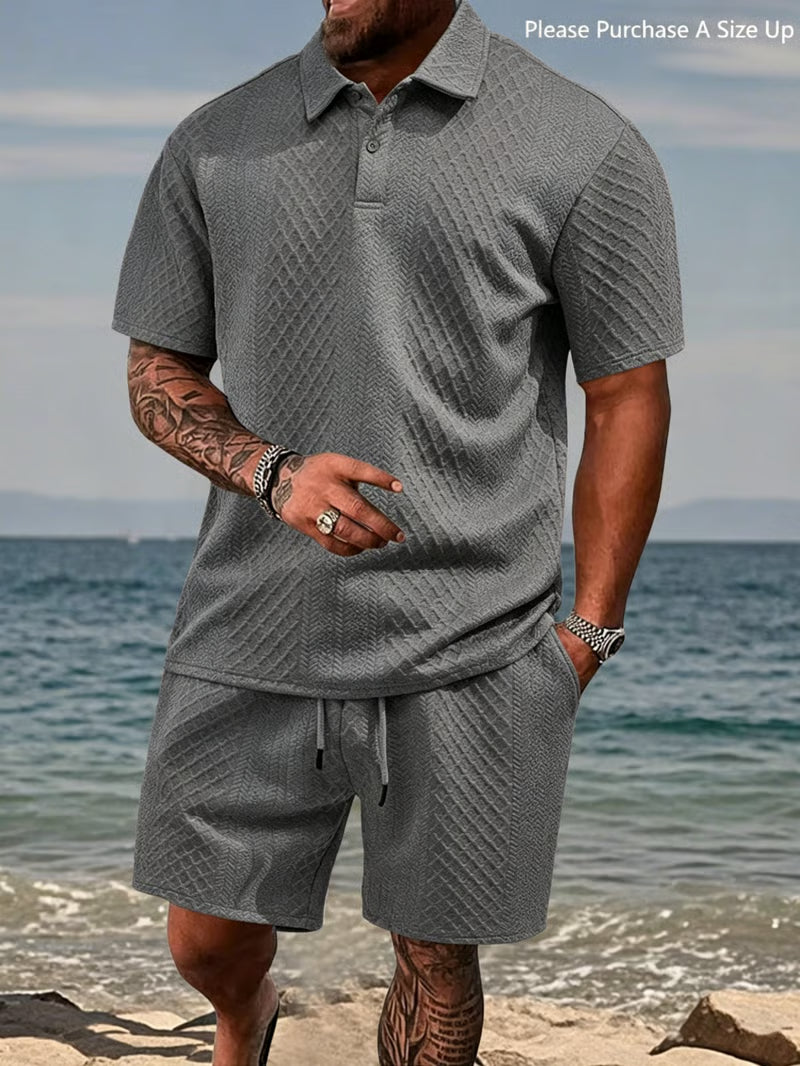 Men's Solid Polo Shirt & Drawstring Waist Shorts Set, Cozy Breathable Two-piece Outfits