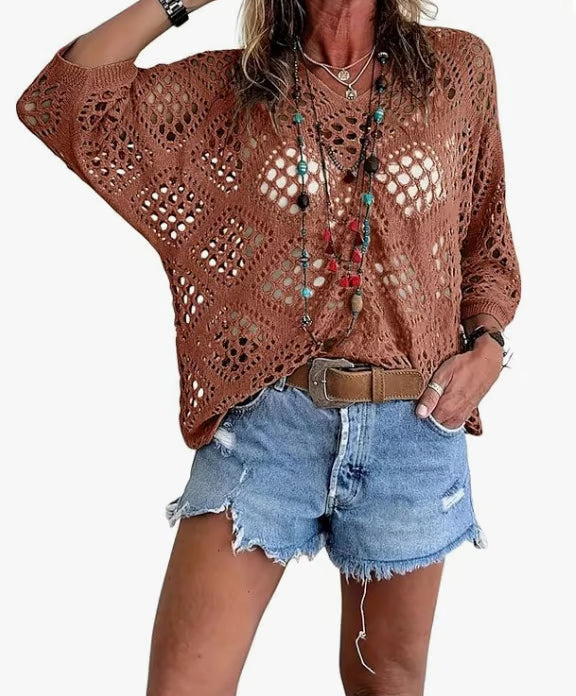 🌿 Handmade Crochet V‑Neck Boho Top | Apricot Summer Essential apareoi