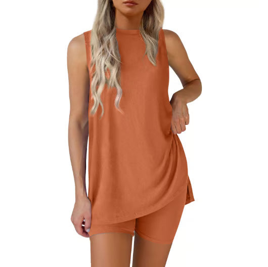Sleeveless Crewneck Women's 2 Piece Sets Summer Matching Lounge Shorts Set Resort Airport Travel Outfit Split Hem Casual Clothes Basic Fitted Homewear Ggtt